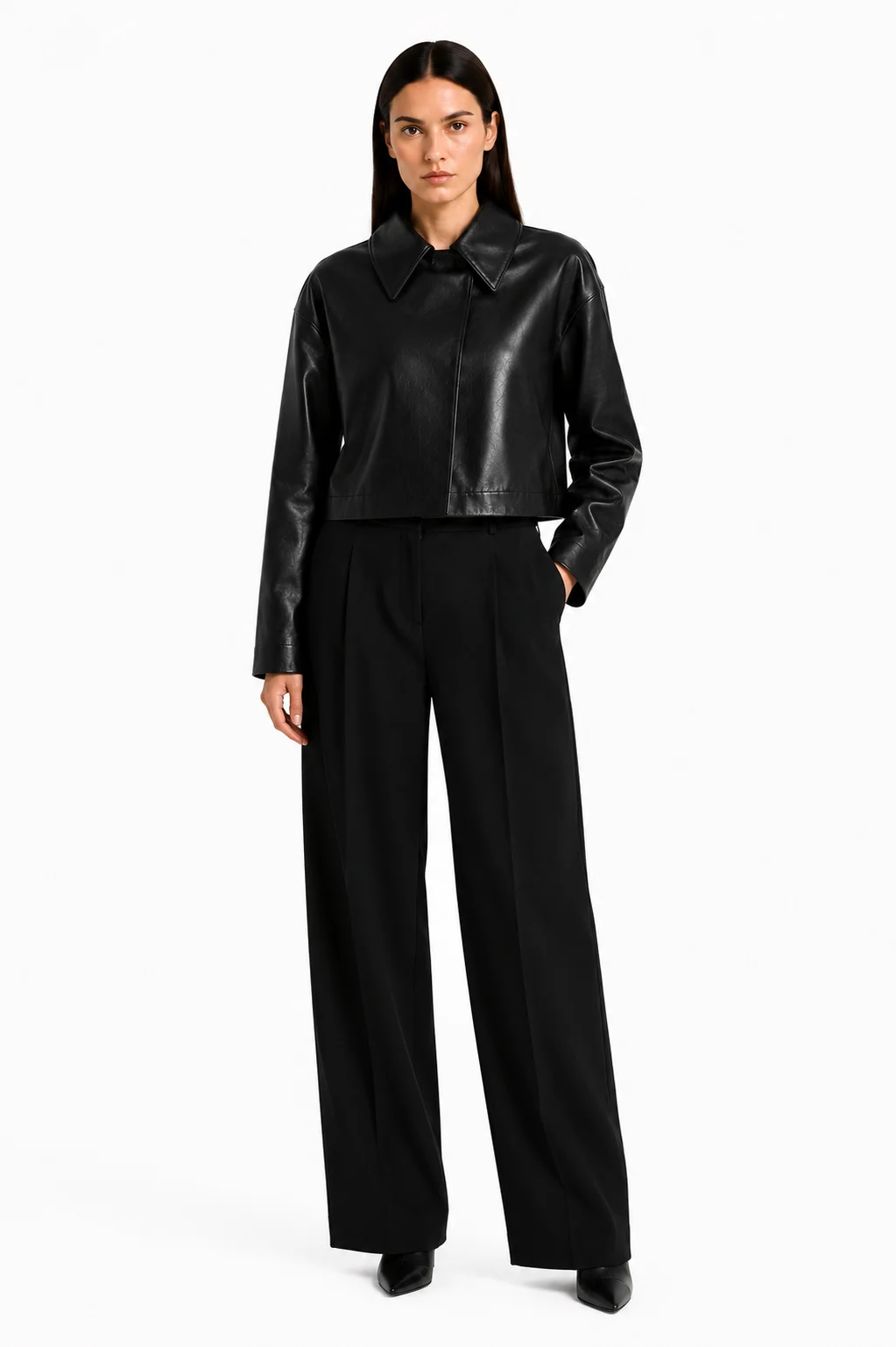 Textured Black Cropped Leather Jacket with Pointed Collar and Minimalist Design