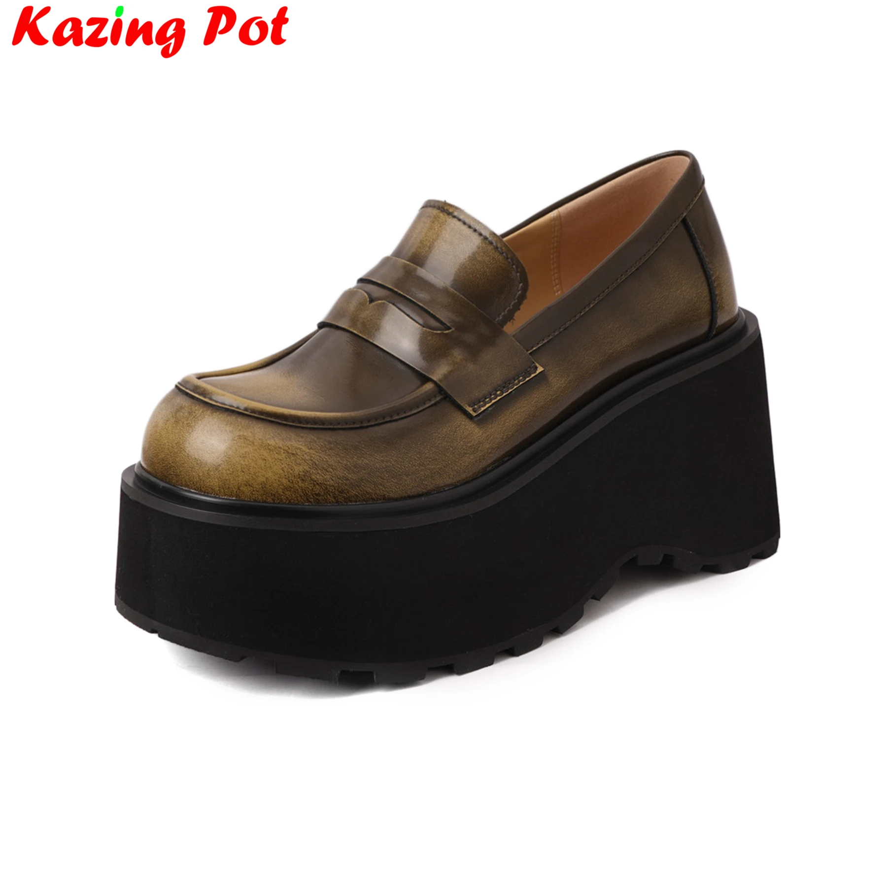 Krazing Pot Cow Leather Thick Bottom Increase Loafers High Heels Summer Autumn Shoes Luxury Casual Comfort Platform Women Pumps