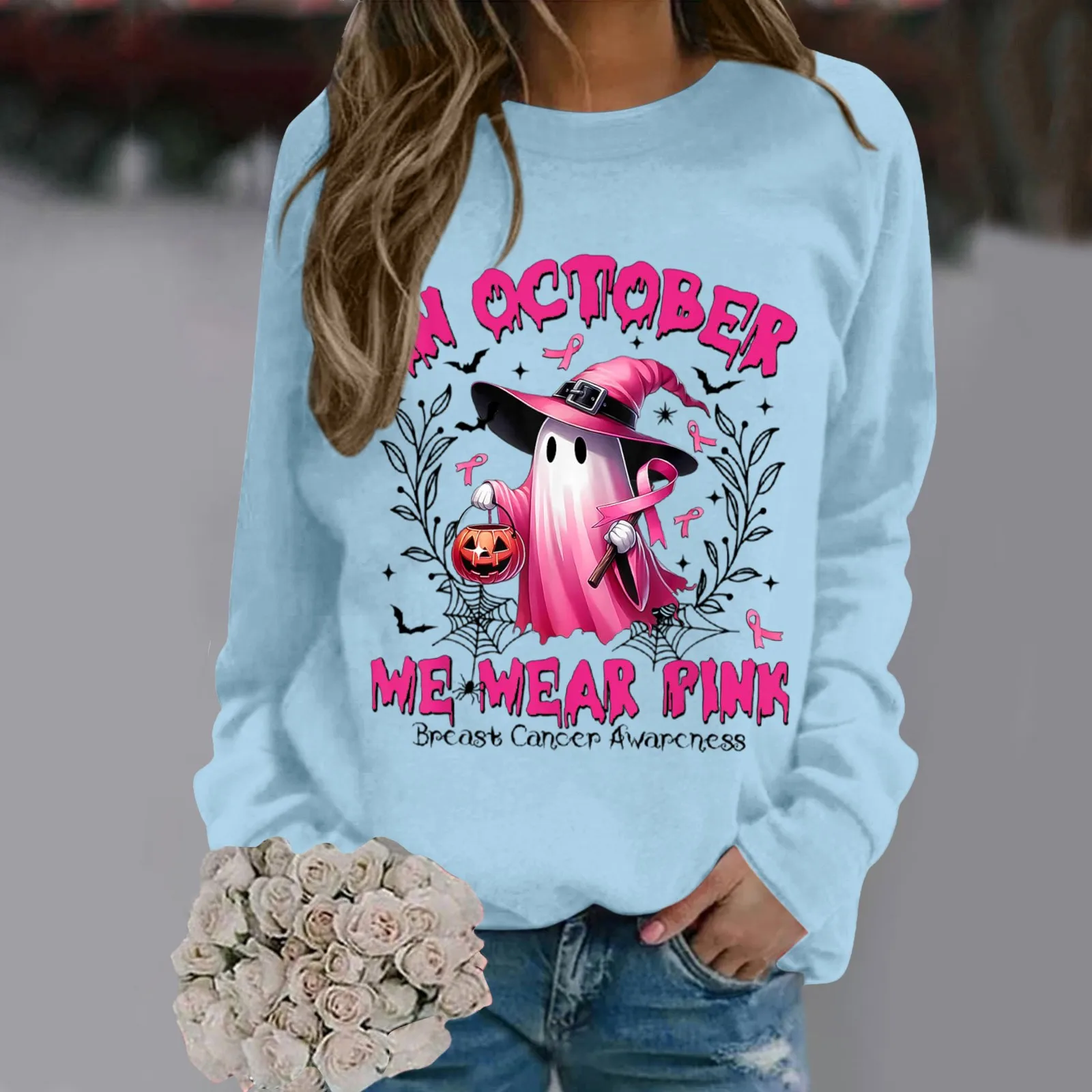 In October We Wear Pink Sweatshirts Ghost Witch Breast Cancer Awareness Pullover Long Sleeved Hoodless Sweatshirts For Halloween