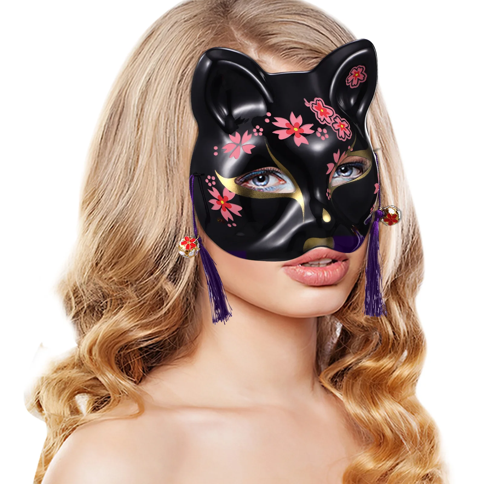 2 Stück Kitsune-Maske, Halloween, Tier, Cosplay, halbe Gesichtsmasken für Maskerade, Party, Kirschblüten-Katzenmuster, leicht, robust