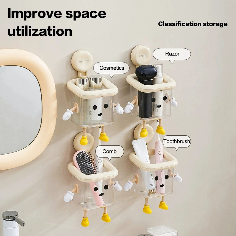 1 Pcs Toothbrush Holder Wall-Mounted Perforation-Free Suction Cup Bathroom Multi-Functional Plastic Transparent Storage Box
