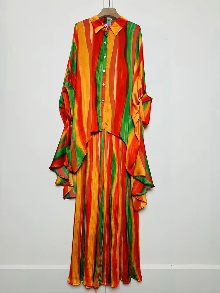 

Two-piece multi-color retro geometric print irregular loose shirt set for summer 2025 women's wear + pleated wide-leg pants set