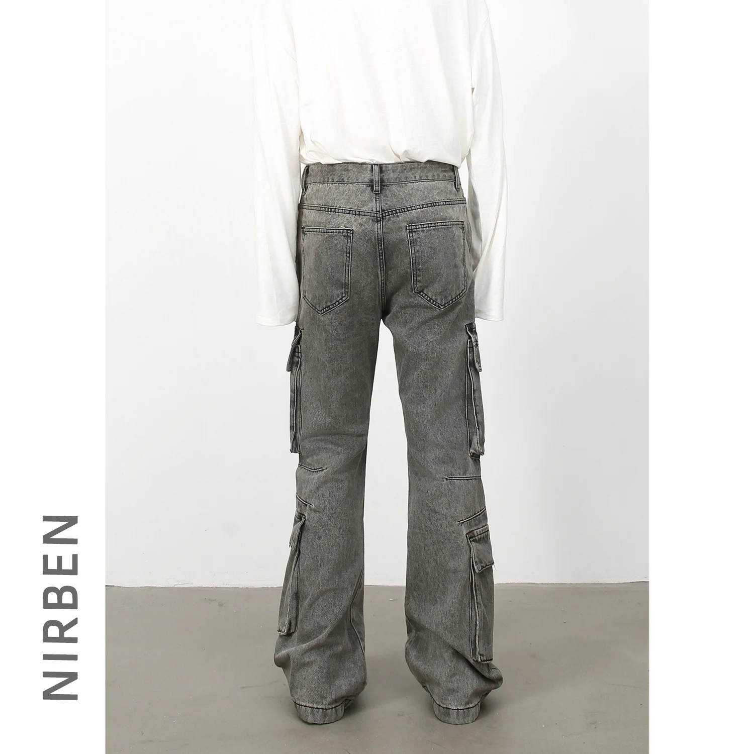 Denim American Retro Gray Multi-pocket Micro-pull Overalls Men's Lazy High Street Mopping Jeans