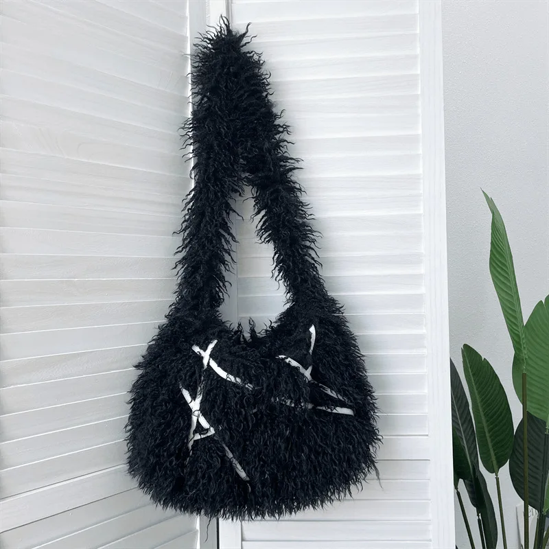 Gothic Punk Cool Y2k Hot Girls Fluffy Furry Crossbody Tote Bag Women Harajuku Fashion Faux Sheep Fur Shoulder Bag Sweet Handbag