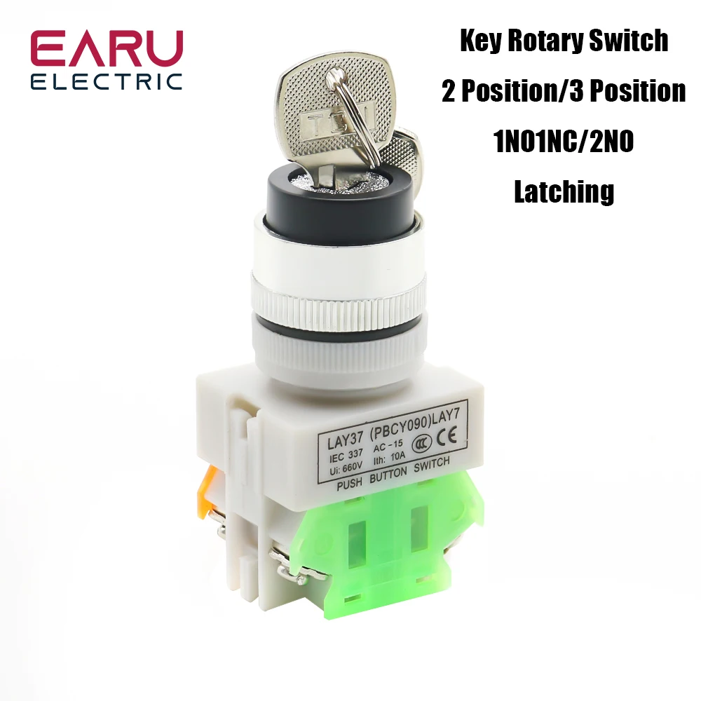 22mm LAY37-11Y2/LAY37-20Y3 Knob Switch with Key 2 Position 3 Position 10A 660V Self-locking Latching Selector Switch