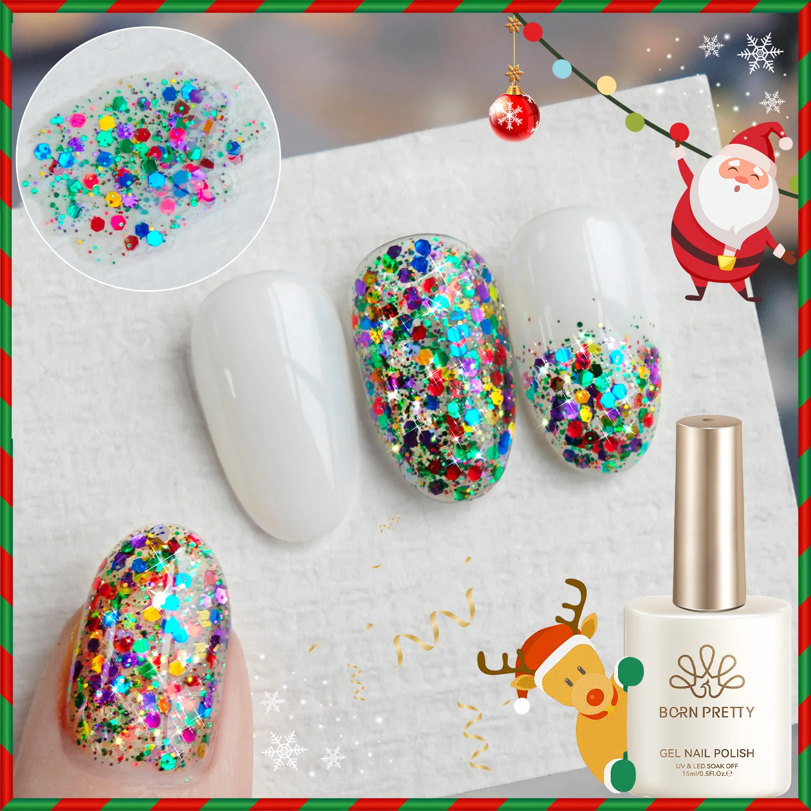 본 프리티 15ml 크리스마스 글리터 젤 네일 폴리쉬 세미 퍼머넌트 매니큐어용 쏙 오프 UV LED 바니쉬 네일 아트 탑 코트