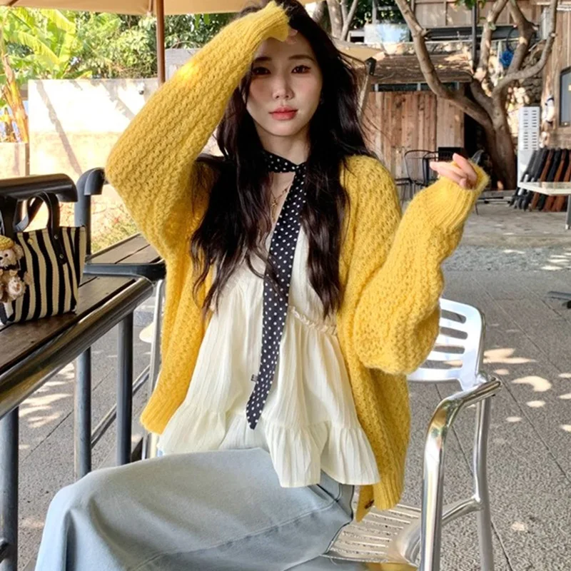 Women Knitted Jumpers Casual Cardigan Sweaters Solid Cut Out Polo Collar Long Sleeves Loose Single Breasted Slight Strech Autumn