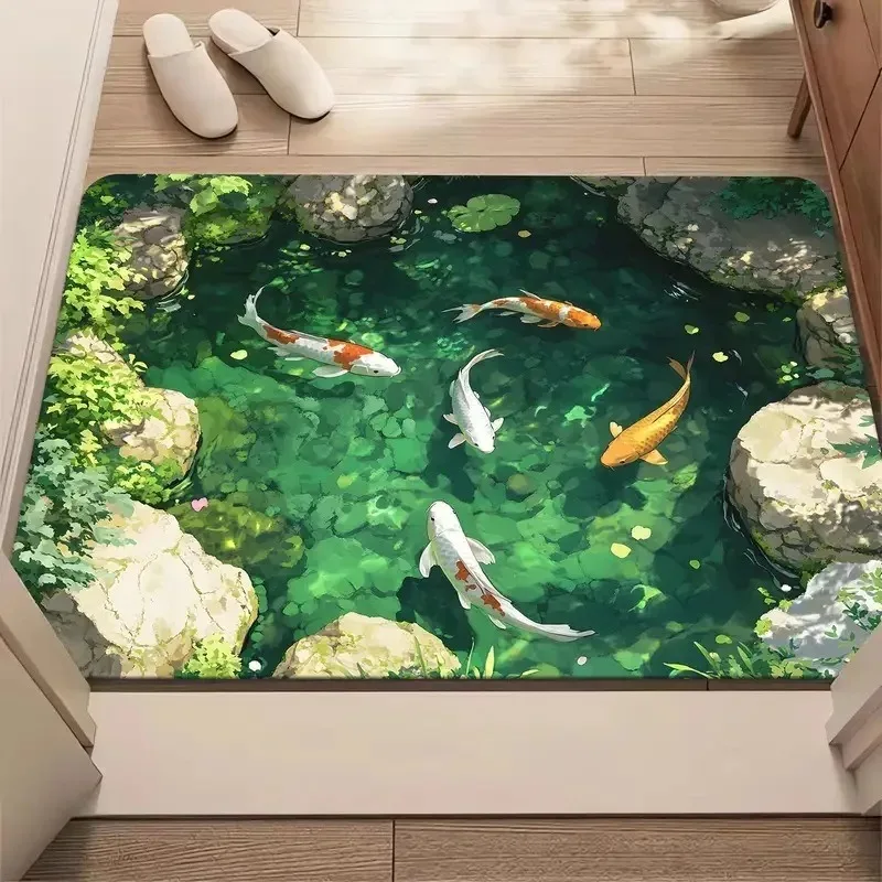 Multiple Koi Fish Oil Painting Welcome Mat Non‑Slip Rug for Artistic Home Entryway
