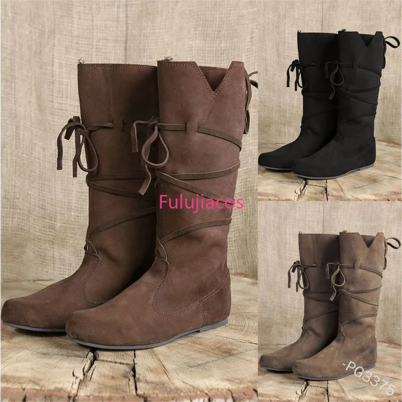 

Medieval Vicking Costume Retro Men Knight Boots Larp Shoes PU Leather Nordic Warrior Cosplay Fancy Carnival Party Anime Shoes
