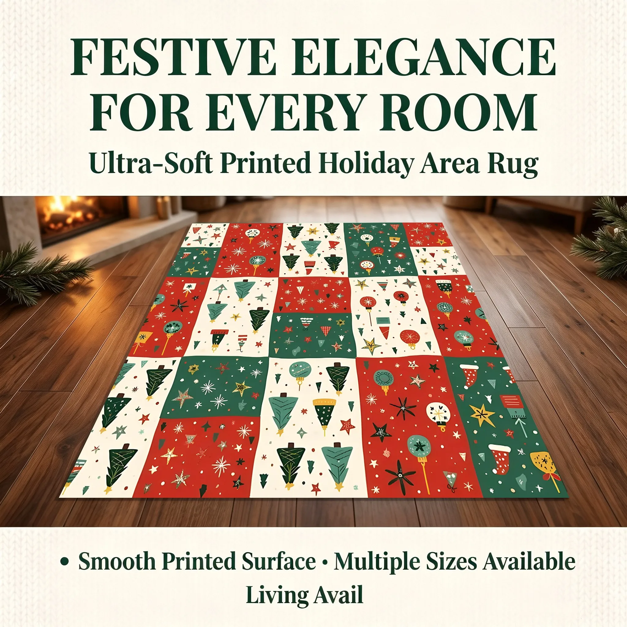 Checkered Patchwork Christmas Tree, Colorful Balls, and Star Patterns Create a Playful Christmas Velvet Rug Suitable for Living Rooms, Bedrooms, and Entryways, Adding a Warm and Festive Atmosphere to Autumn and Winter Decor