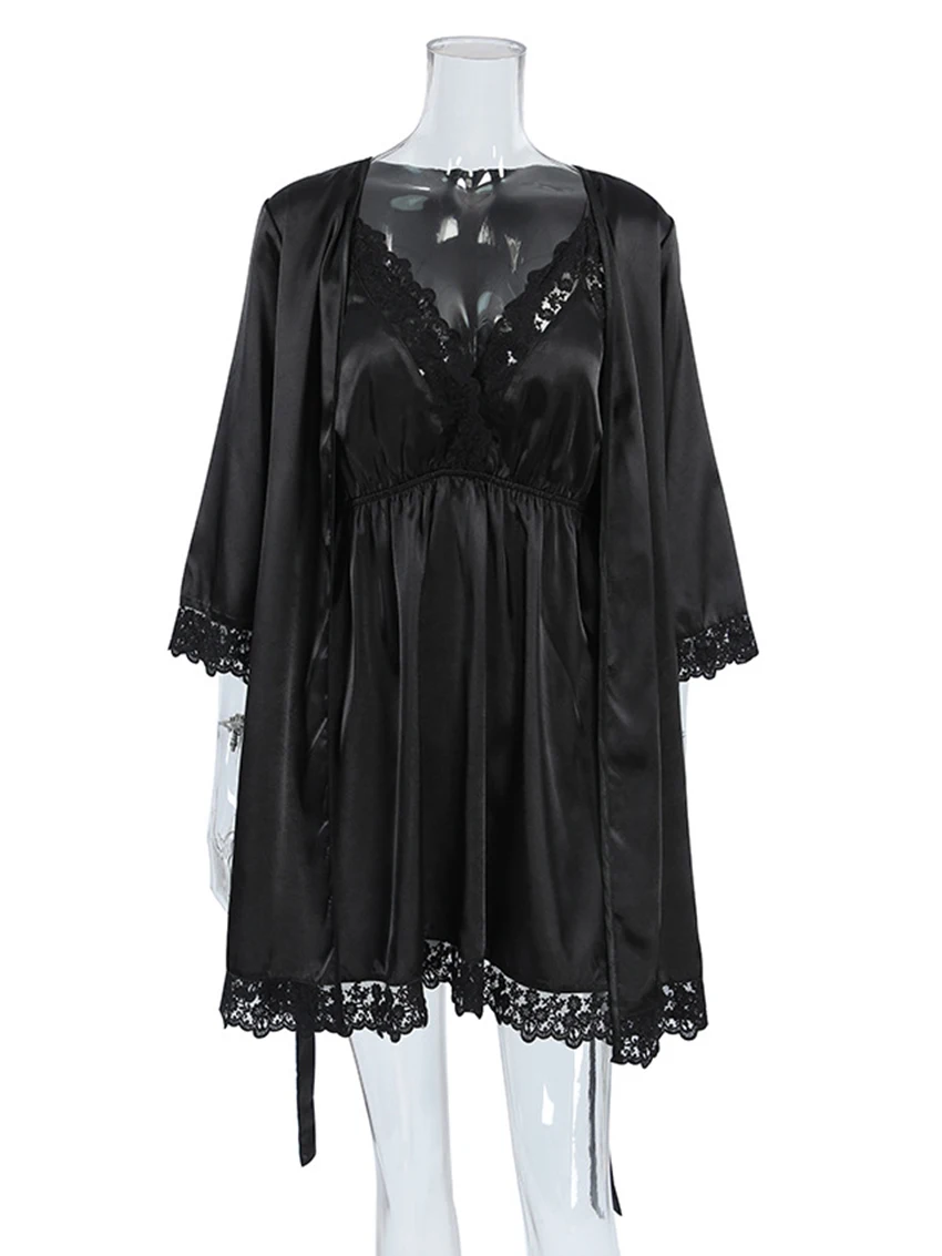 Marthaqiqi-Chemise de nuit sexy en dentelle pour femme, mini robe moulante, pyjama à bretelles spaghetti, col en V, manches trois quarts, vêtements pour la maison