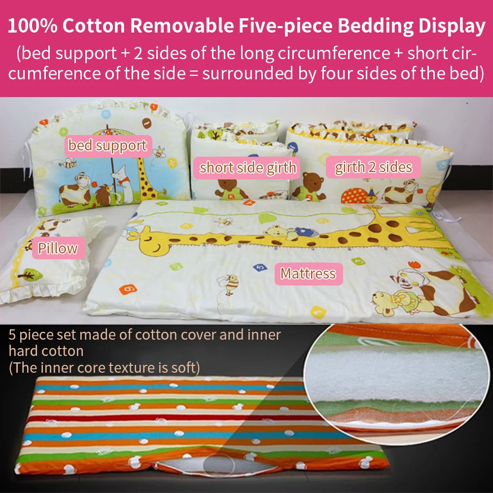 5pcs Baby Bedding Cartoon Animal Newborns Crib Bed Bumper Infant Cotton Washable Bedding Bed Circumference Mattress Pillow Set