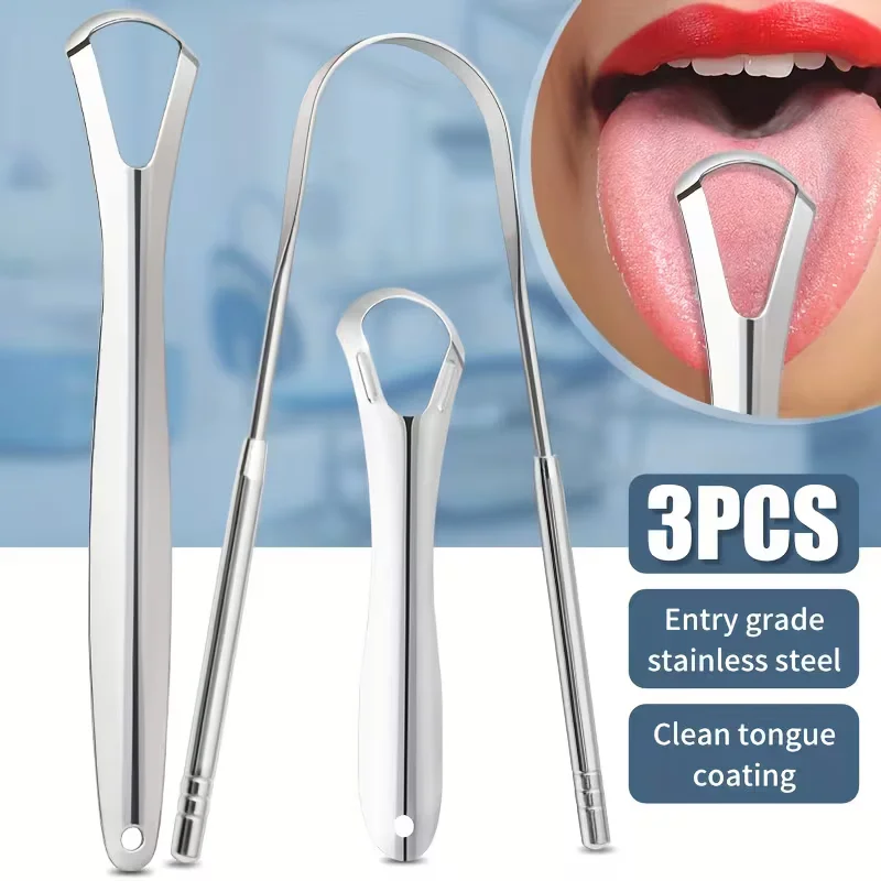 3Pcs Stainless Steel Tongue Scraper Set, Dual-sided Portable Easy Clean Oral Care Cleaning Tool