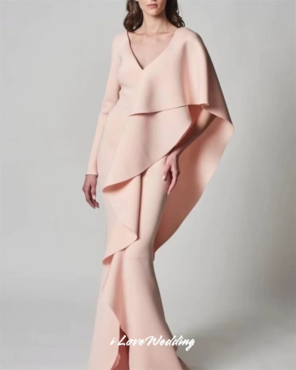 

Women's V-Neck Evening Dresses 2025 Satin Long Sleeve Ruffles Mermaid Backless Split Tiered Pleated Floor-Length Customized