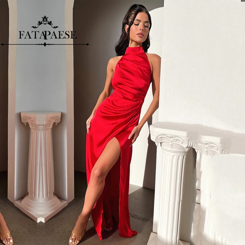 FATAPAESE  a High Neckline Satin Evening Party  Dress Thigh High Slit  Prom Gown Floor-Length  Maxi Gown Formal Occasion