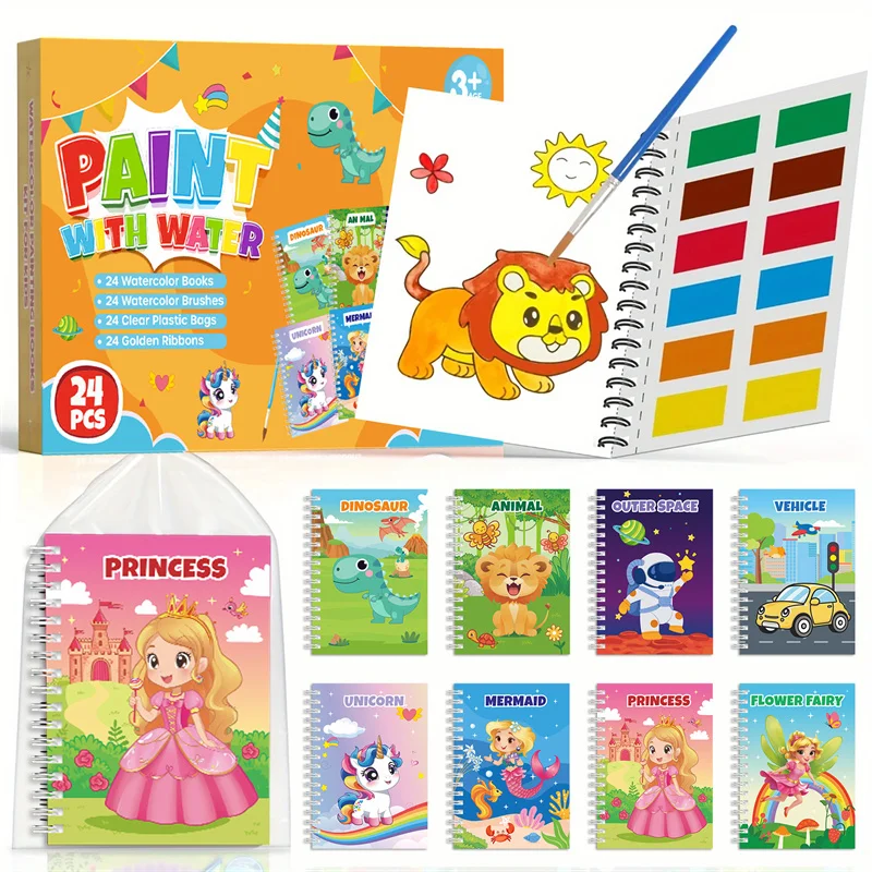 24er-Pack Aquarell-Malbücher für Kinder – englische Malbücher mit Farbe, Tier- und Prinzessinnen-Themen