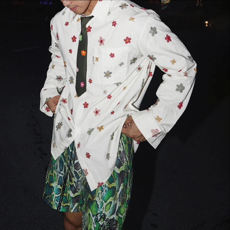 

INCERUN Мужская рубашка с цветочным принтом и лацканами с длинными рукавами и пуговицами, повседневная мужская одежда, свободная уличная одежда, мужские рубашки в корейском стиле, топы