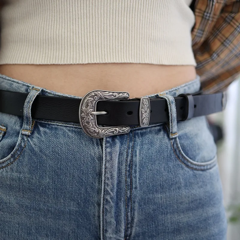 

2.4cm Genuine Leather Women's High Quality Buckle Tangcao Three-Piece Silver Plated Belt Full-Grain Leather Pin Buckle Belts