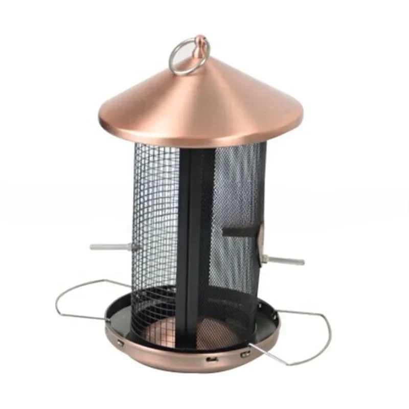 Copper hanging bird metal feeder with two feeding stations that can be used anywhere in the yard or garden