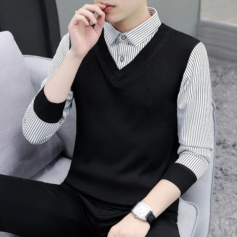 

Fake Two-piece Sweater Men's Black Spring and Autumn Season New Casual Fashion Shirt Collar Striped Plaid Bottoming Shirt Top
