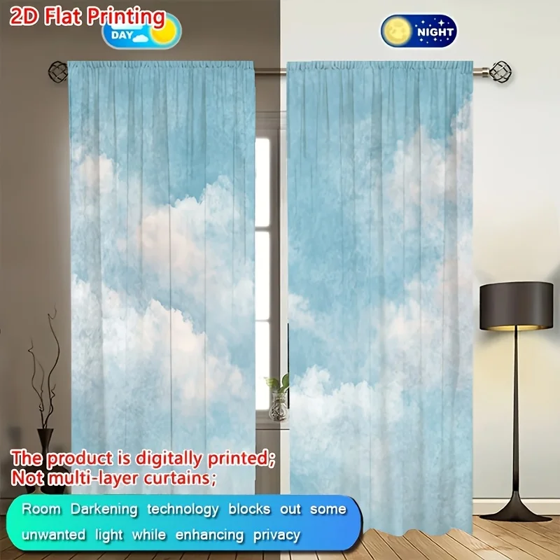 Elegant Blue Sky Cloud Digital Print Curtains Window Sheer Panels Lightweight Curtains for Living Room Bedroom Home Decor