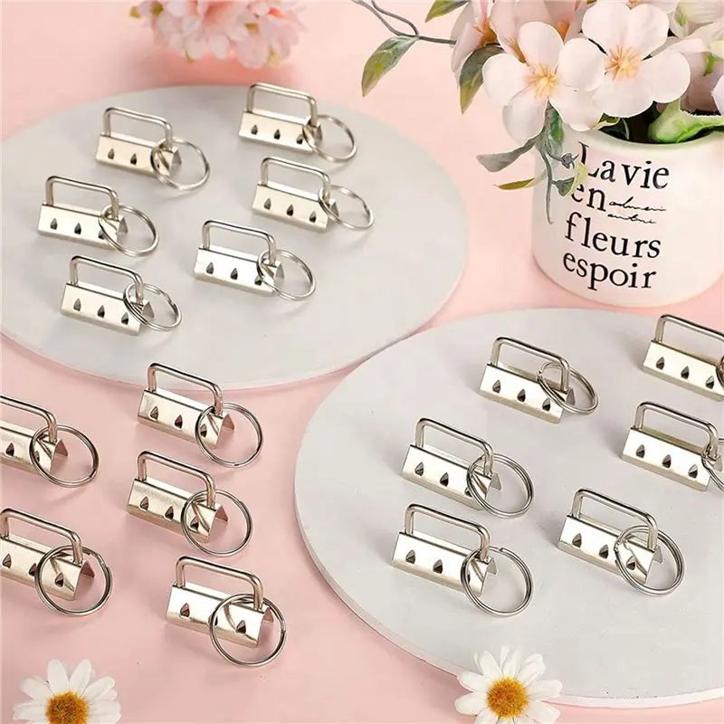 A25F-100Pcs Key Fob Hardware With Split Rings Set Tail Clips For Wristlet Clamp Lanyard Keychain DIY Tool With Ring