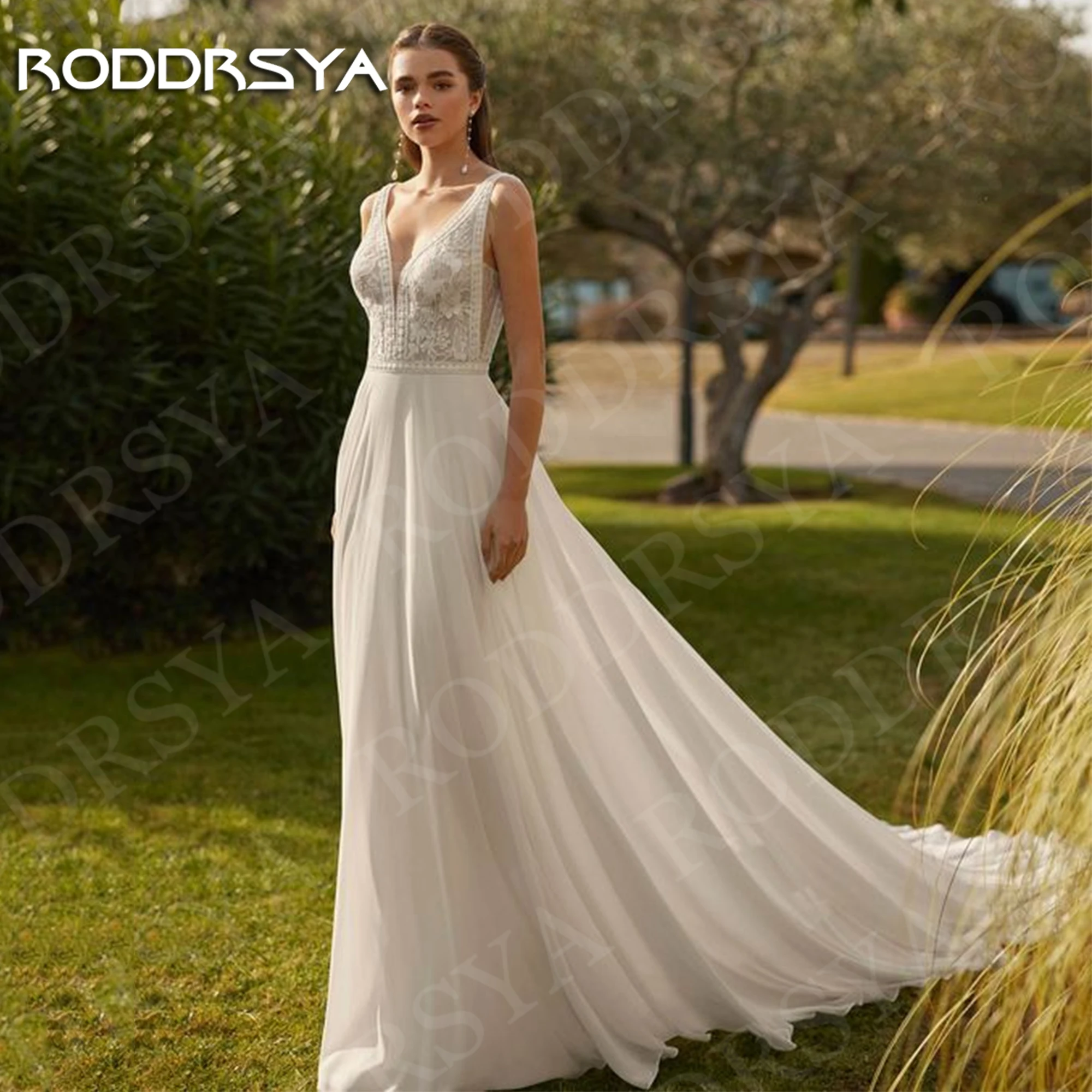 RODDRSYA Charming Boho Wedding Dresses Beach V Neck Lace Appliques Customized Open Back Chiffon Bridal Dress A Line Civil Women