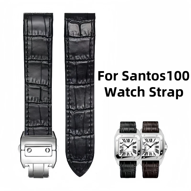 Waterproof Genuine Leather Folding Buckle Watch Strap For Cartier Santos100 20mm 23mm Men Women Sweatproof  Watch Band  Bracelet