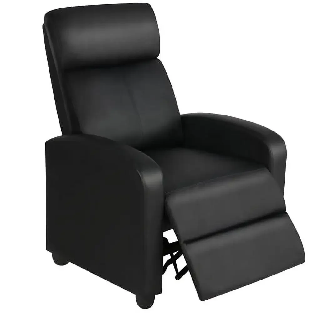 Padded Faux Leather Recliner Chair with Footrest Black Sturdy Comfortable Easy Cleaning Theater Seat 265 lb Capacity Push Back