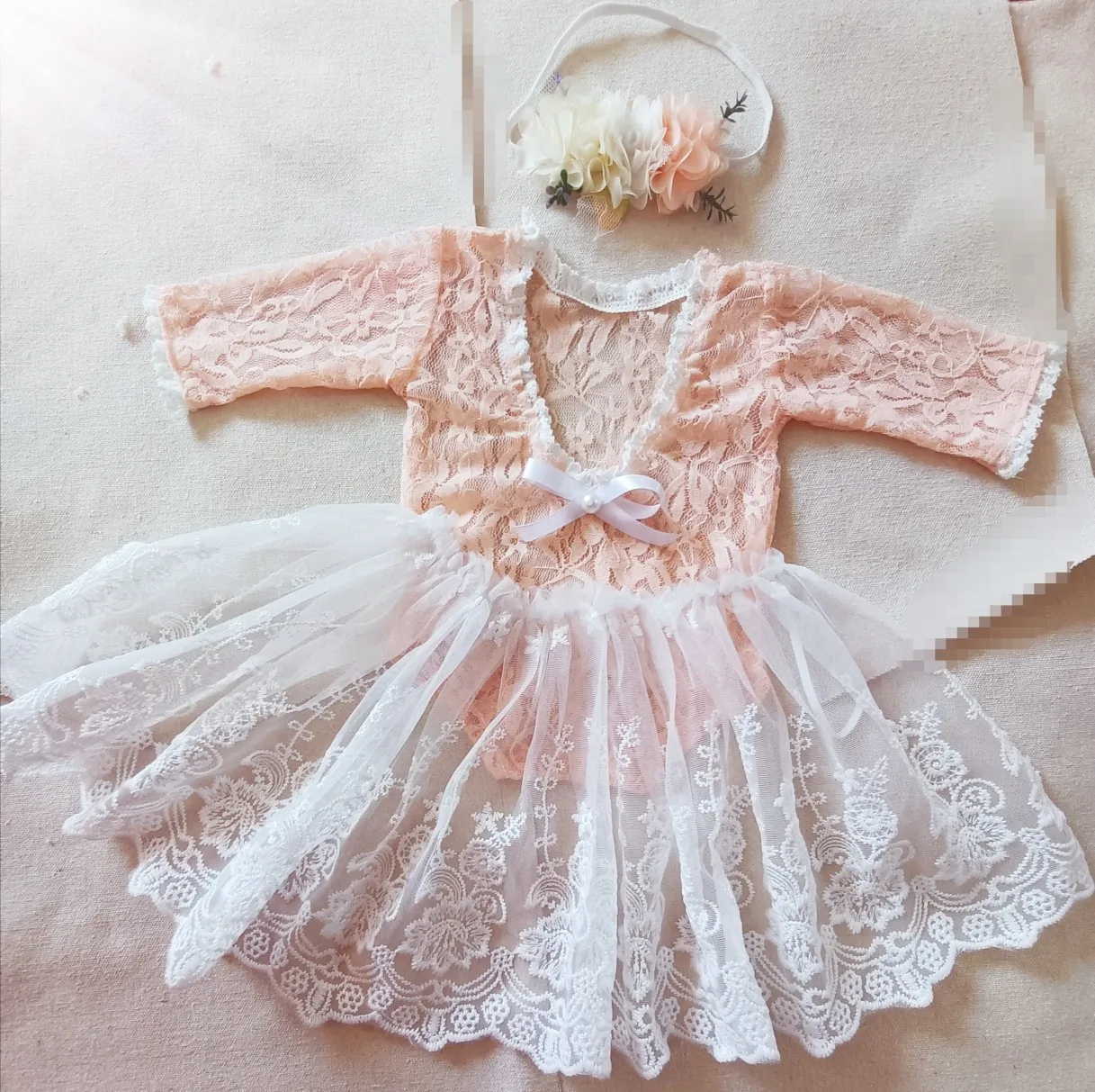 

Baby Girl Lace Romper Set Photography Newborn Baby Outfit Pink Jumpsuit Skirt Headdress NEW Props