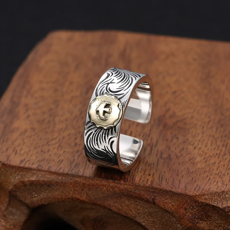 WholeSale S925 Sterling Silver jewelry thai Silver faShion men'S perSonalized tangca pattern ring Small eagle open ring view 4