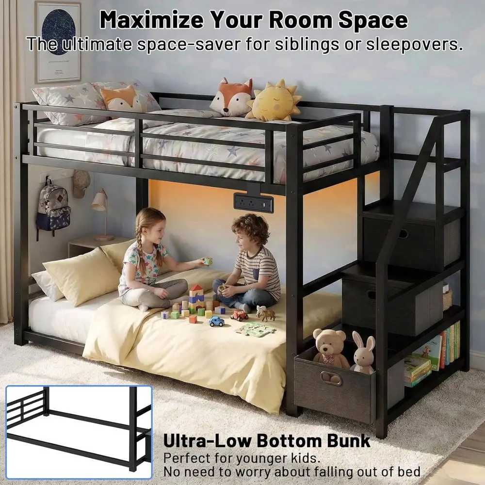 Compact Twin Metal Bunk Bed with Storage, Desk, Shelves, Power Outlet, RGB Lights, Safety Rails, and Metal Slats (Black) view 5
