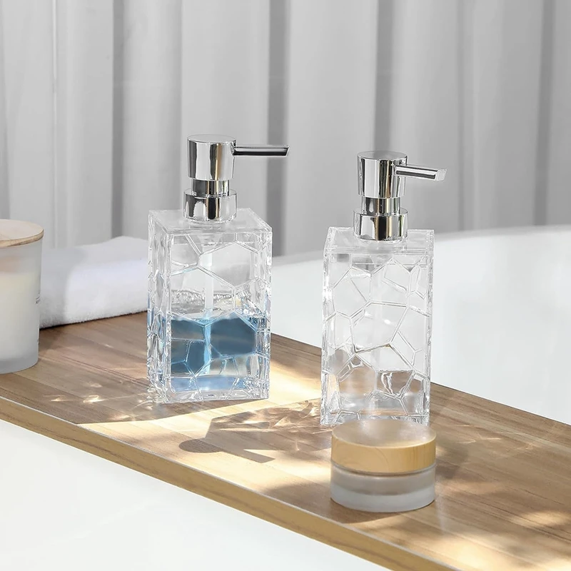 Dispensador de jabón para manos, botellas de bomba de líquido de plástico acrílico transparente, dispensador de loción recargable para decoración de baño