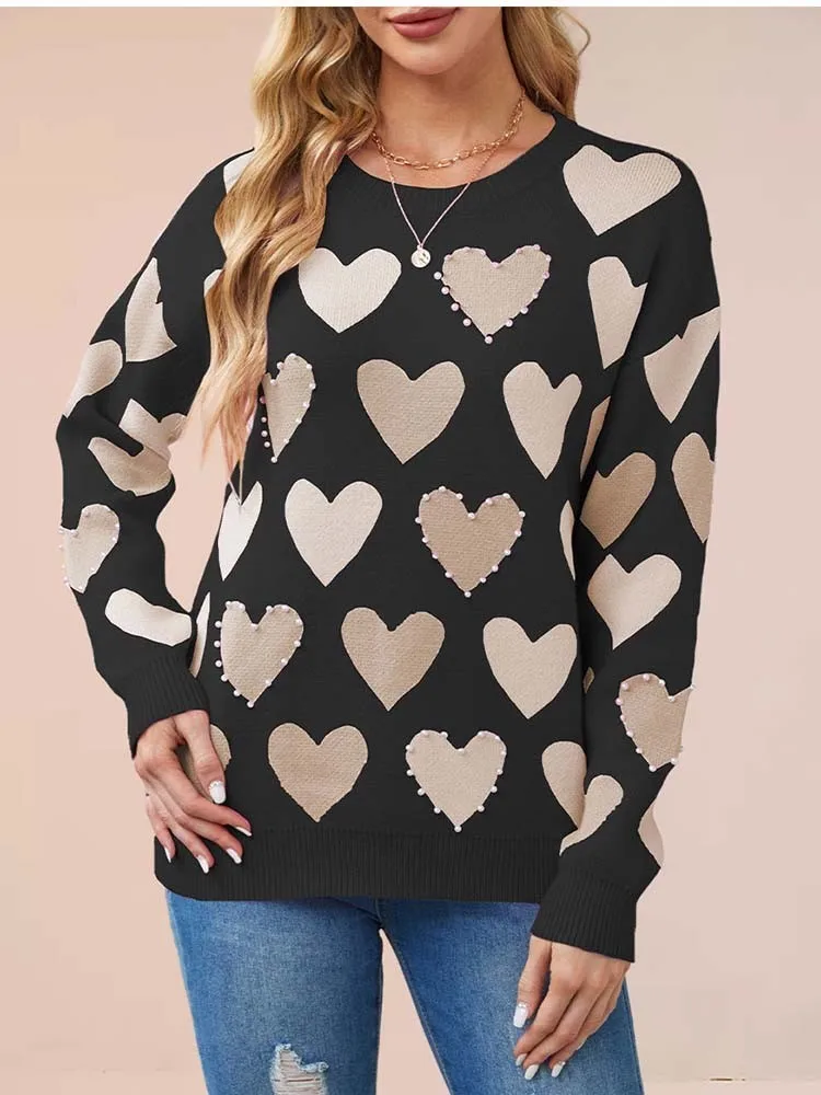 Neuer Herbst-Lässiger Damenpullover mit Herzmuster, elegante Damenpullover, Luxuspullover, Vintage-Kleidung, Häkeloberteile
