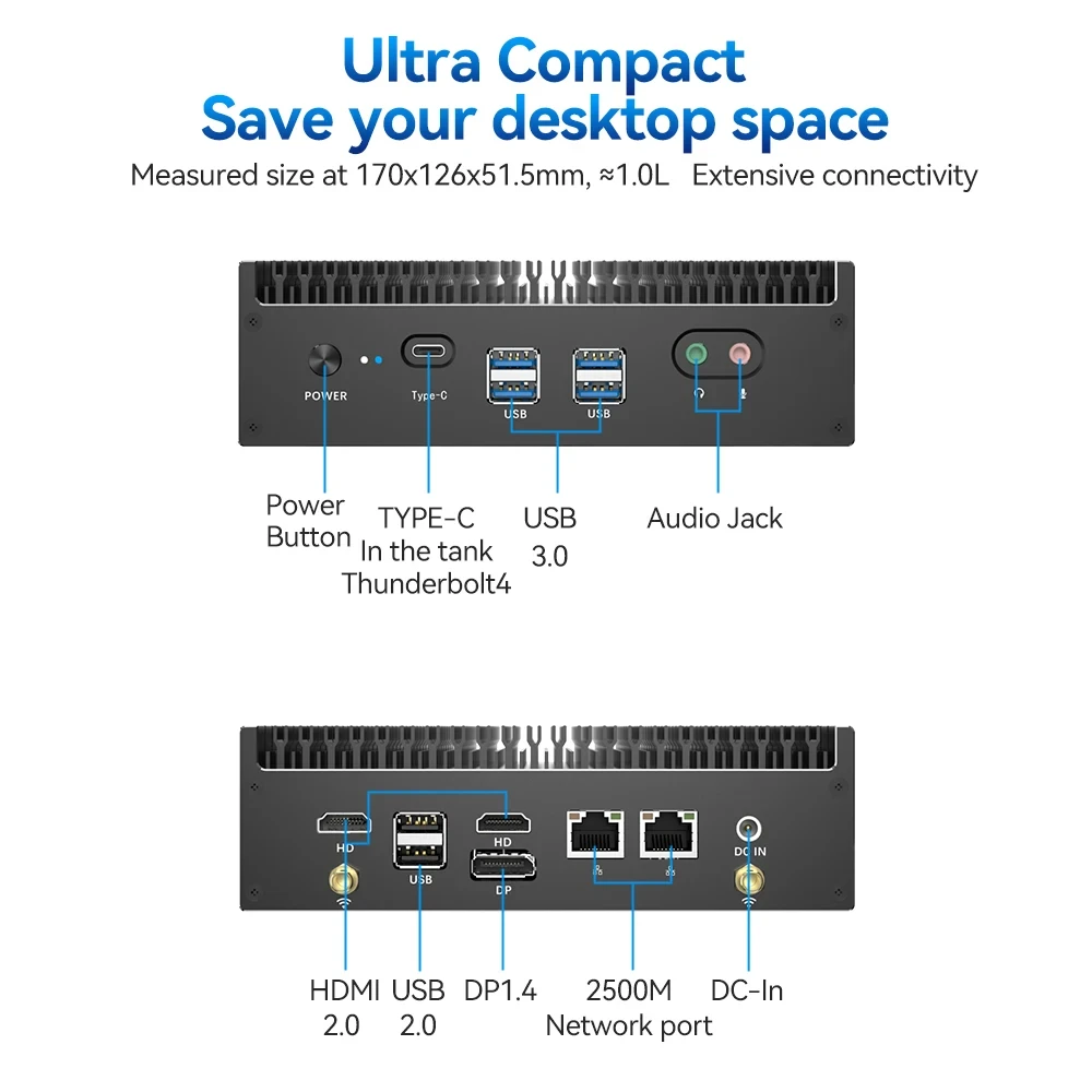 Dual LAN Office Mini PC with Inter I7-1255U/I5-1335U Dual DDR4 Support Windows10/11 Linux WiFi Bluetooth4.2 Type-C Home Computer