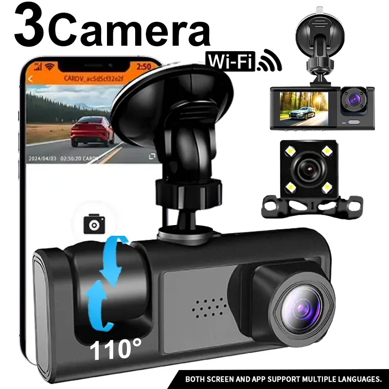 Car DVR WiFi 3-Channel Dash Cam Front Rear Inside Camera Triple Lens IR Night Vision Loop Recording Vehicle Recorder