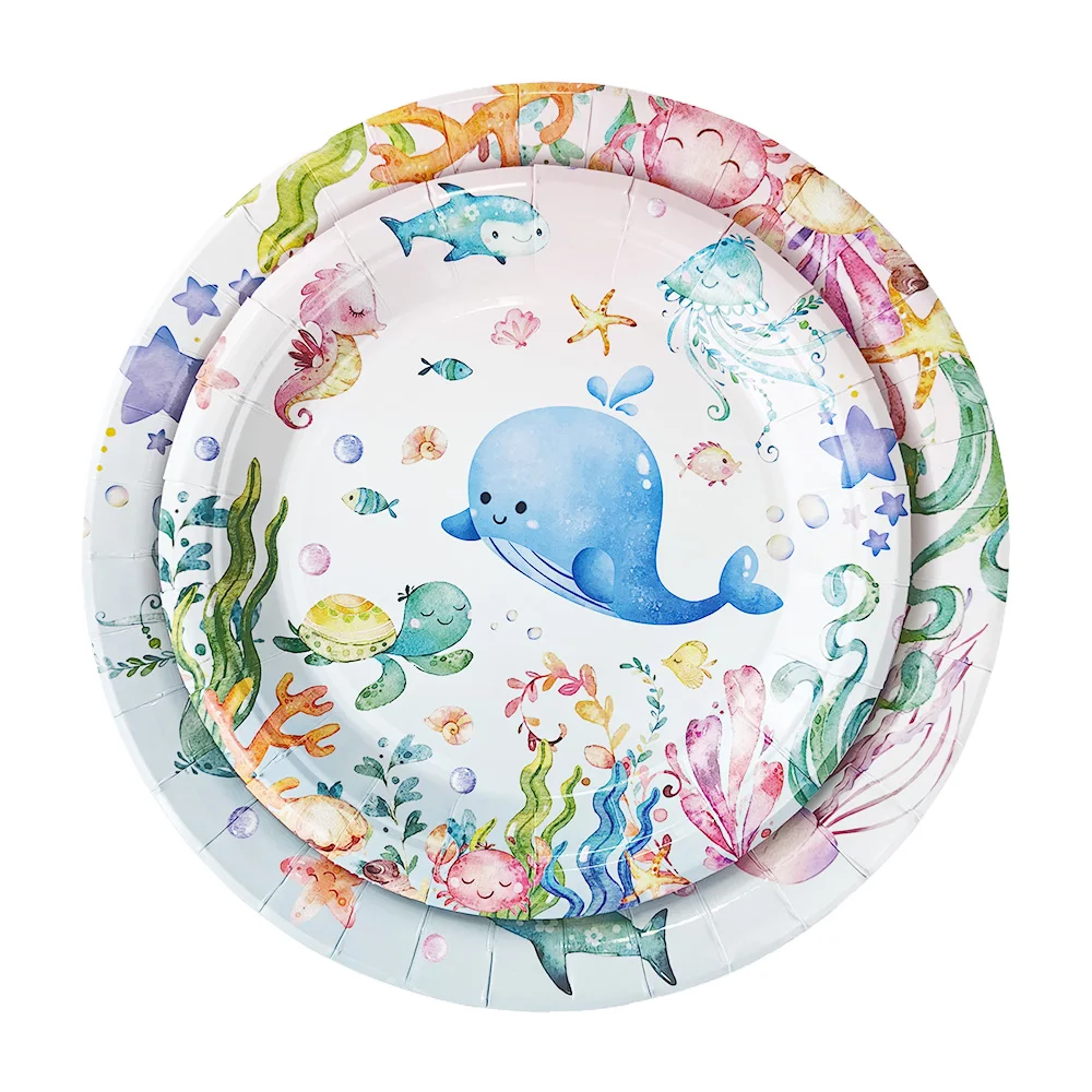 Marine Animal Turtle Whale Pattern Disposable Tableware Paper Plates Cups Napkins Kids Favor Ocean Birthday Party Decor Supplies