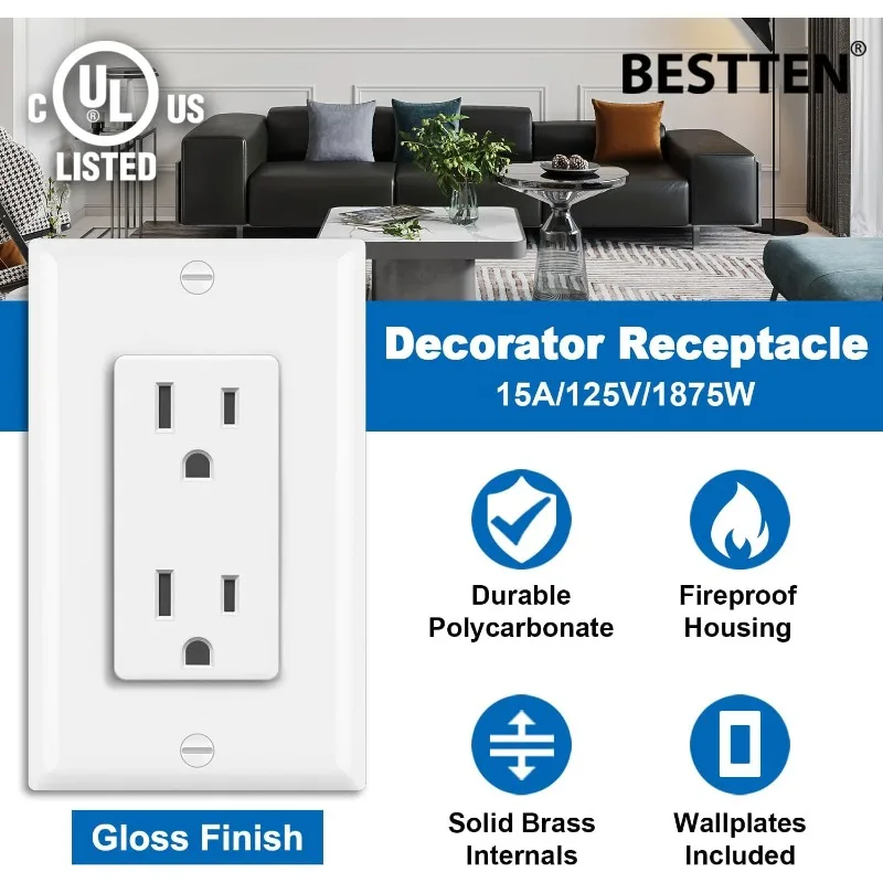 BESTTEN 15 Amp Decorator Wall Receptacle Outlet, 15A/125V/1875W,Non-Tamper-Resistant Decorative Sockets,UL Listed,100 Pack,White