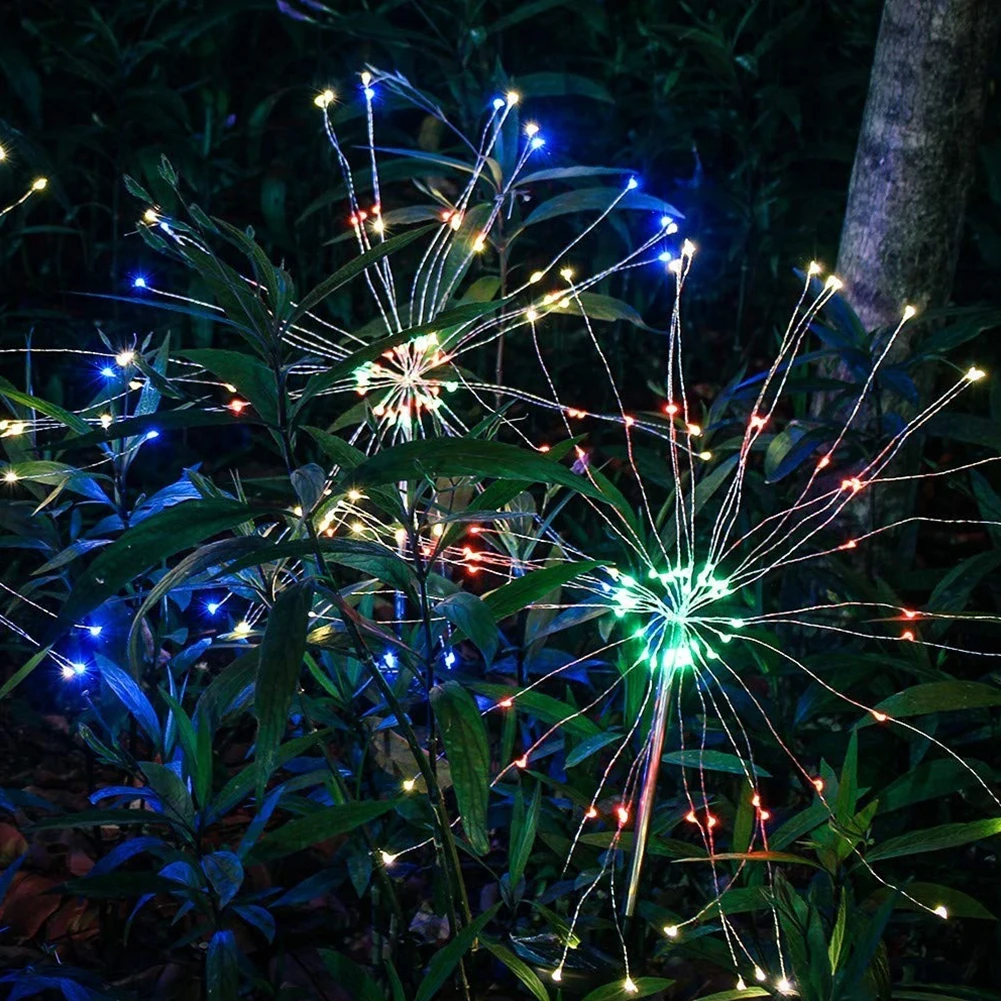 Luz de estaca Starburst de fuegos artificiales alimentada por energía Solar, luz blanca cálida para jardín, iluminación exterior, Multicolor, 150 LED