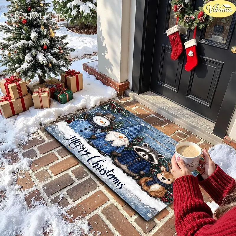 VIKAMA Happy Holidays Snowman Family Wood Entryway Rug Non Slip Low Profile Mats for Outside Front Door Xmas Decor Soft