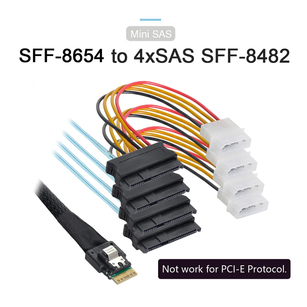 Slimline SAS 4.0 SFF-8654 4i 38pin Host to 4 SAS 29pin SFF-8654 Target Hard Disk Fanout Raid Cable