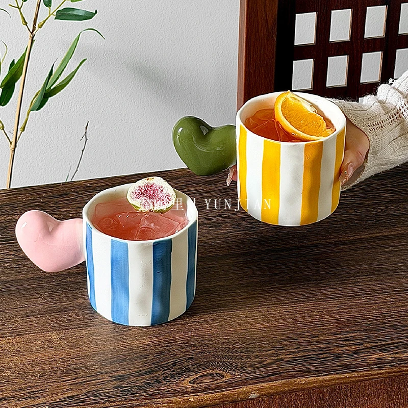Creative Heart-Shaped Handle Mug Minimalist Contrasting Color Striped Ceramic Water Cup Household Underglaze Color Coffee Cups