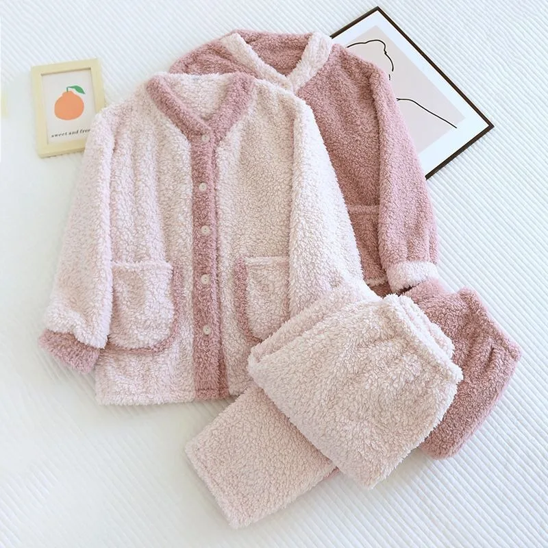 2024 New Coral Velvet Pajamas Women Winter Cardigan Flannel Sleepwear Polar Fleece Longewear Plus Fleece Thick Homewear Suit