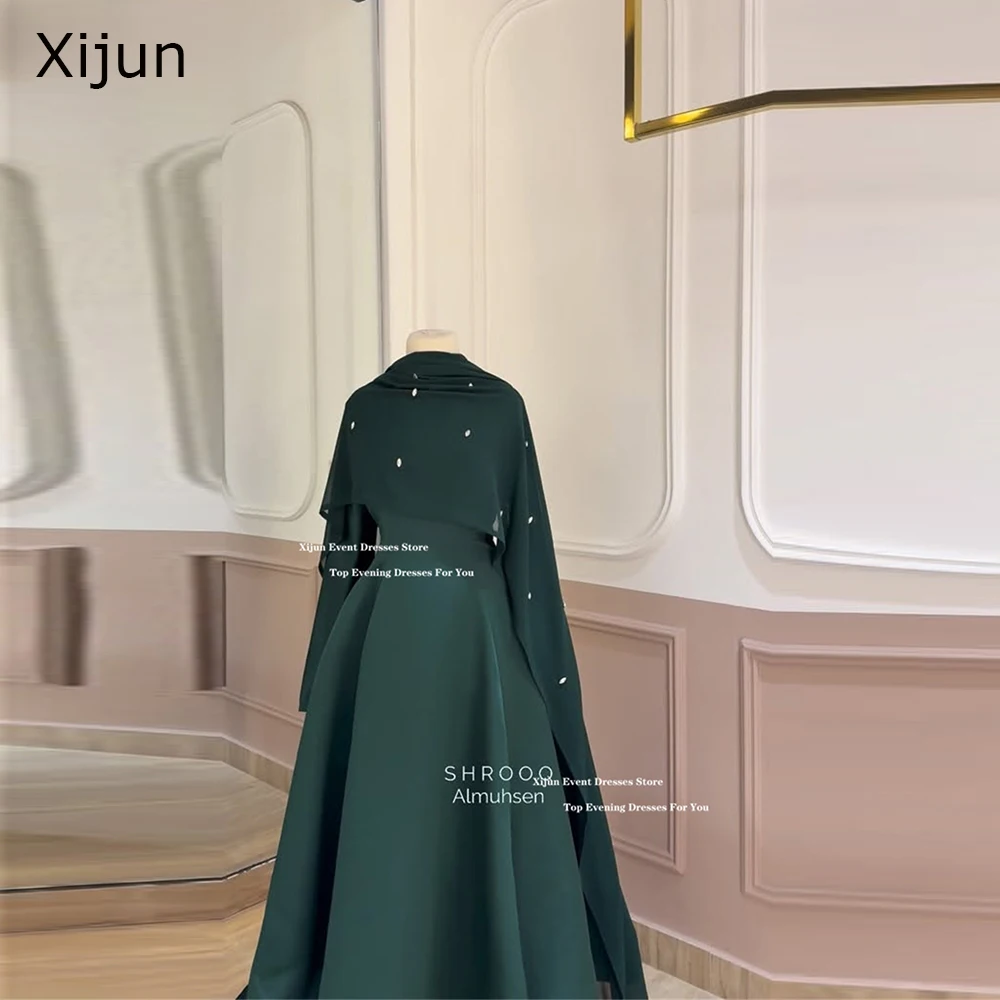 Xijun Modest Green Satin Evening Dresses Cape A-Line Long Formal Prom Dresses Beads Occasion Prom Gowns 2026 Women  Customized