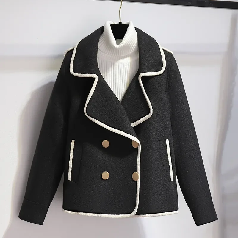 Autumn Winter Short Woolen Coat Women 2023 New Fashion Suit Jacket Turndown Collar Tops Pure Colour Black 3XL Outerwear Female