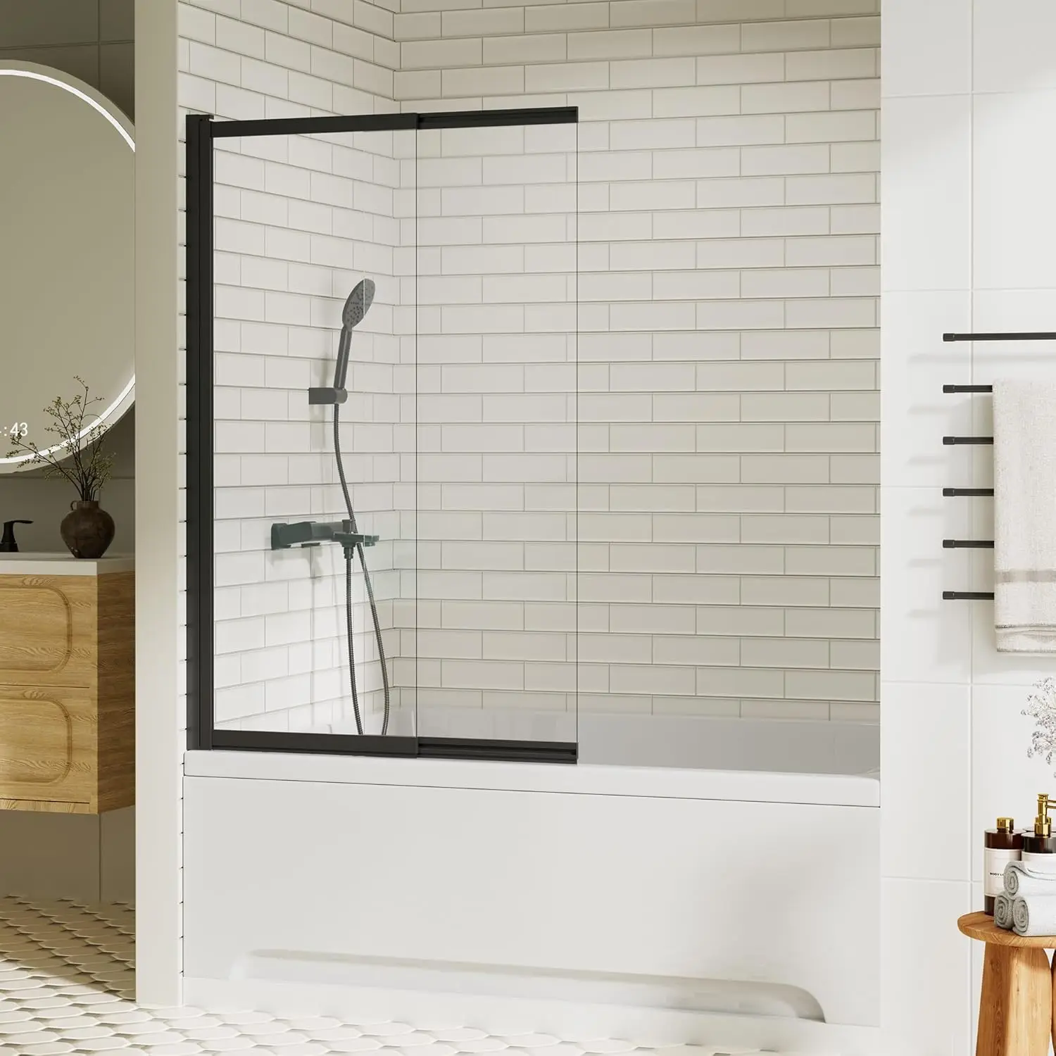 

Поворотная дверь для душевой кабины 40”Шx60”В, полустеклянная дверь для ванны из закаленного стекла толщиной 1/5 дюйма (5 мм) с нанопокрытием, простая установка