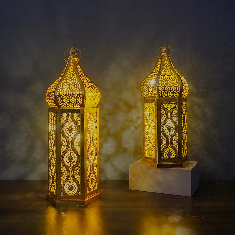 Gold Metal Wind Lamp Lantern LED Night Lights Home Decoration for Middle East Arab Eid Mubarak Ramadan Party Wedding Ornaments