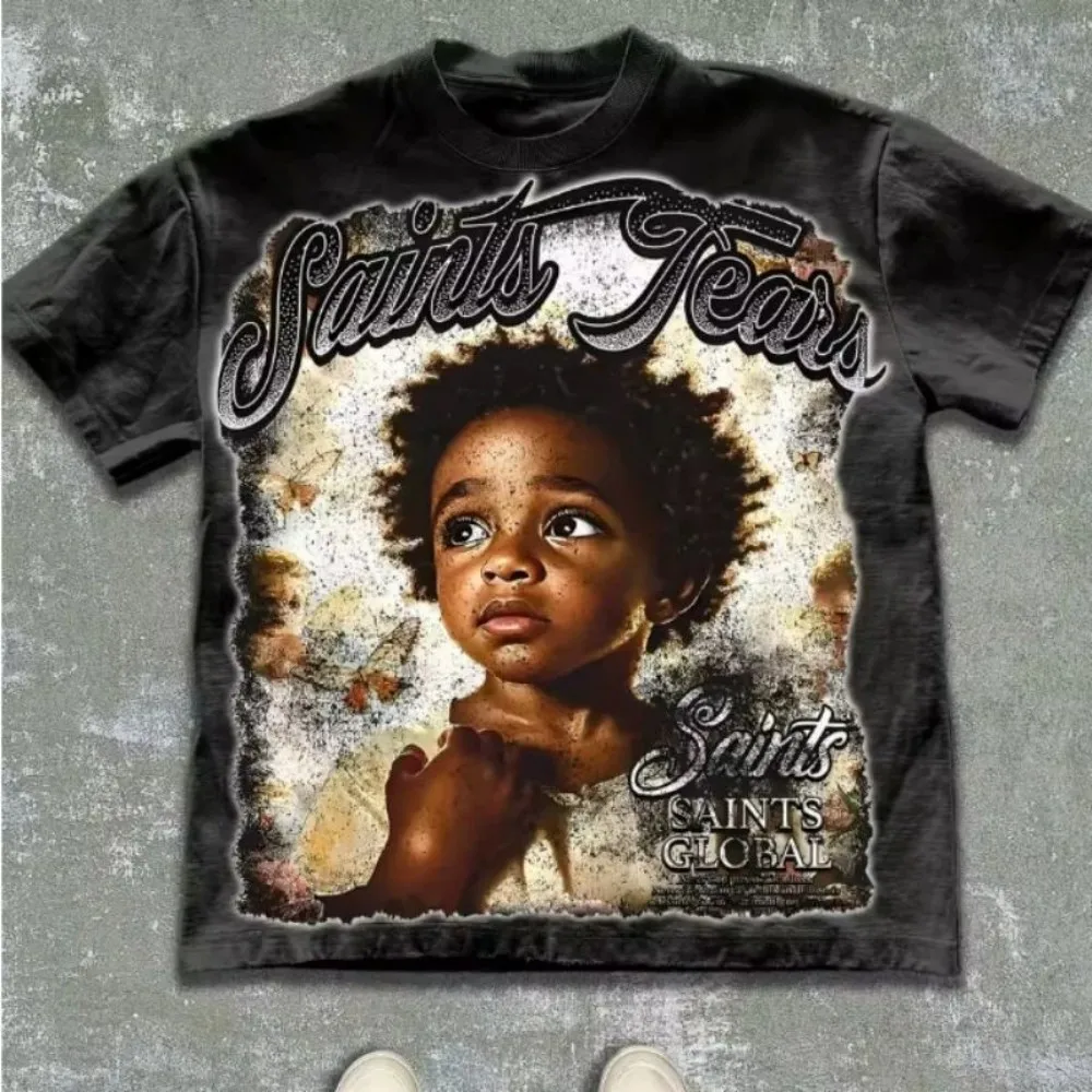 European and American men's summer retro figure print comfortable and breathable round neck T-shirt outdoor casual top
