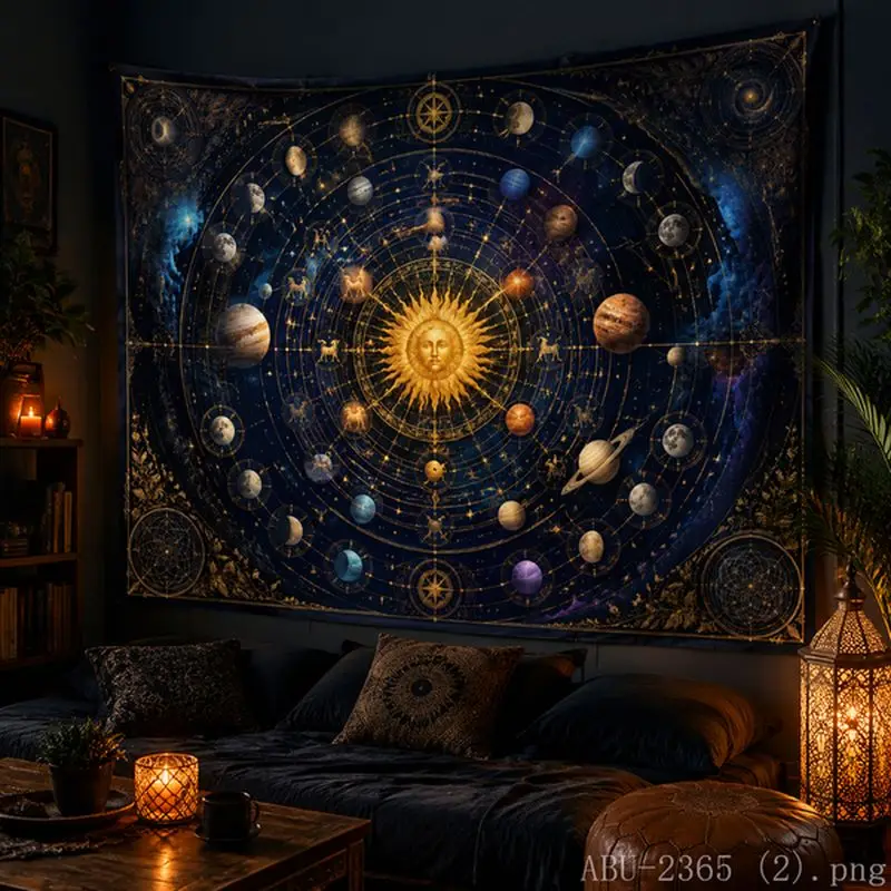 VIKAMA Pisces Moon Phase Waves Mermaid Starry Sky Tapestry Tea Room Quiet Atmosphere Living Room Decoration