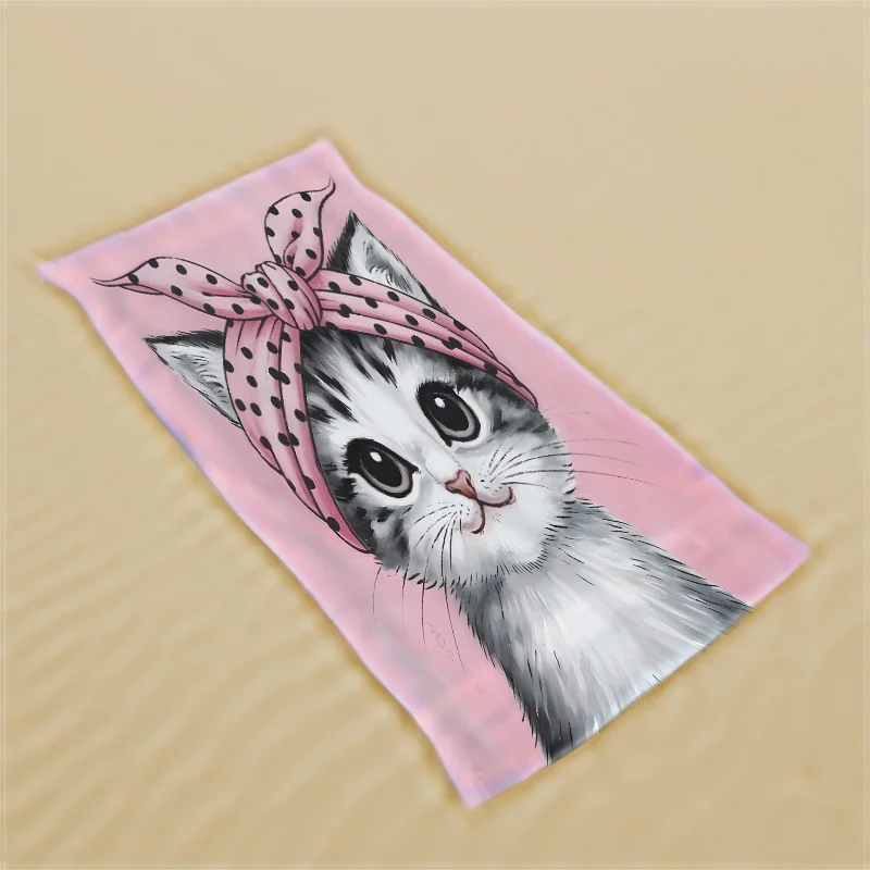 1PC Thickened Oversized Beach Towel, Pink Cat Pattern, Soft Extra Large Beach Blanket, Ideal for Vacation & Swimming Lovers